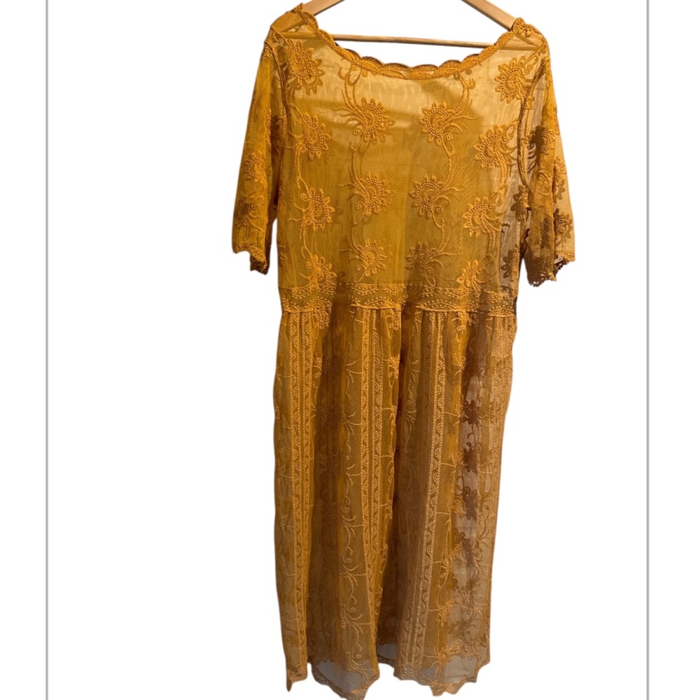 Dress overlay xhilaration vintage lace semi sheer yellow xxl stretch boho